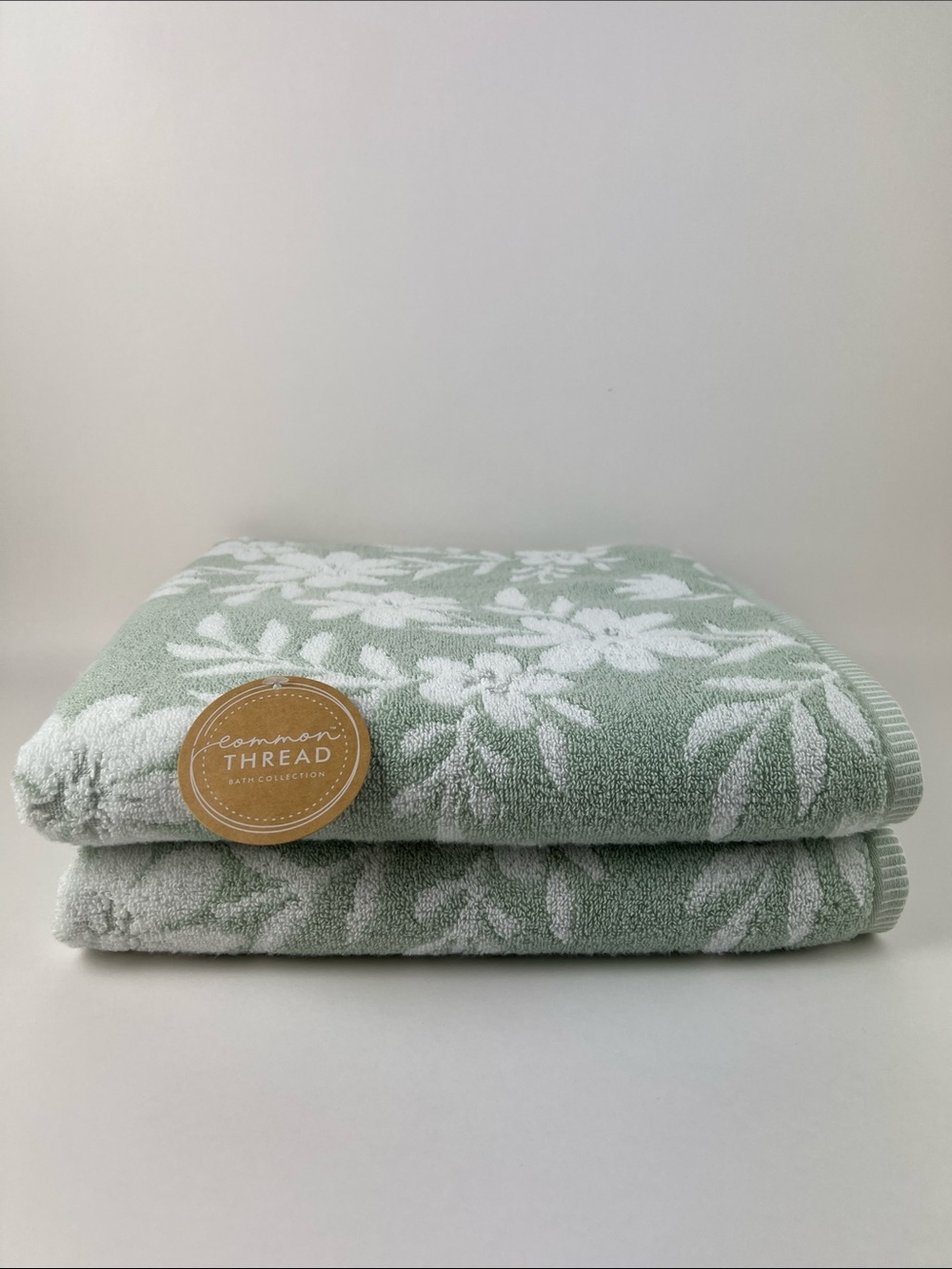 Common Thread Bath Towel Set Sage Green White Floral Soft Cotton 2 Pc NEW